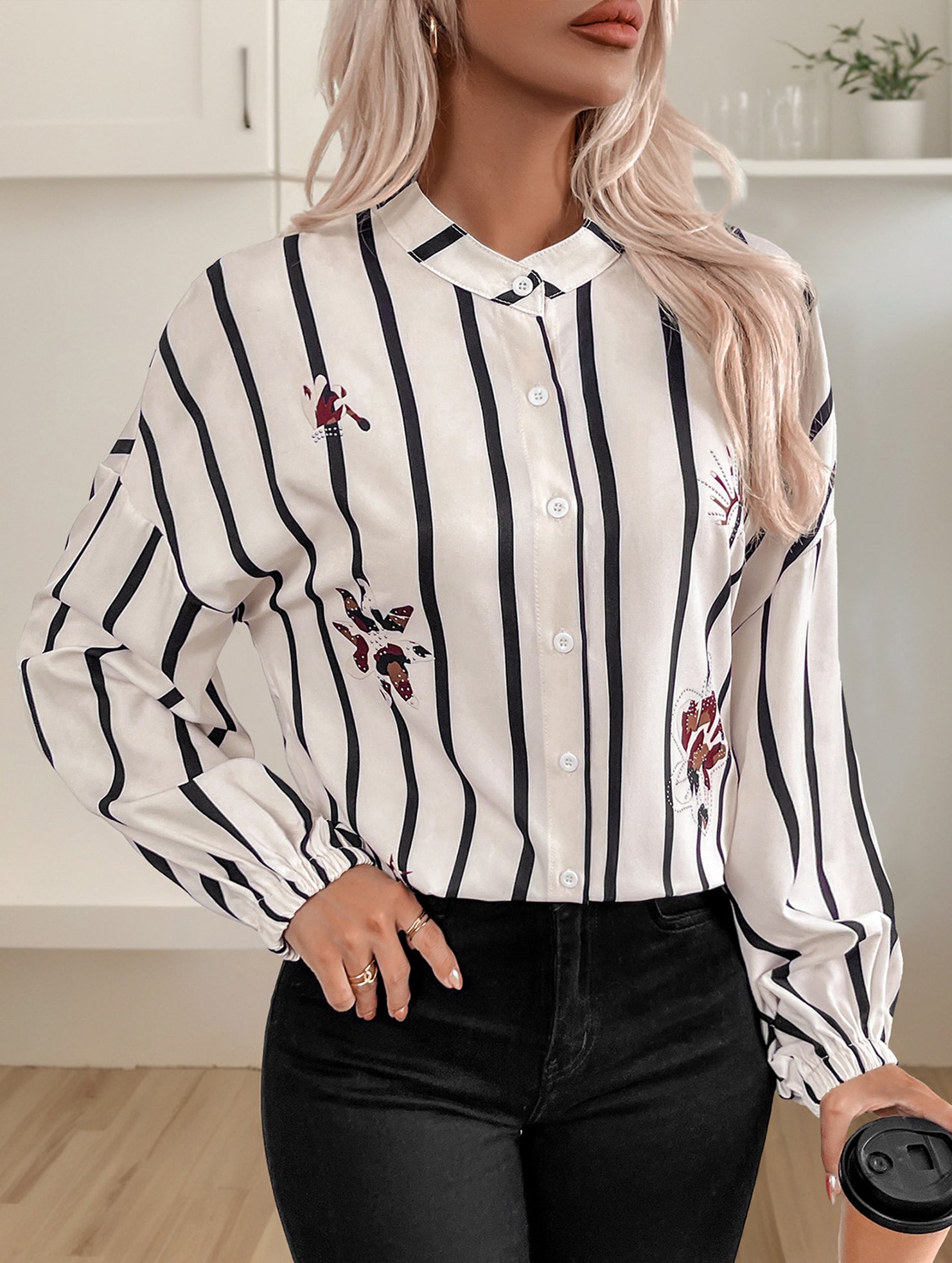 Elegant Striped Single-Breasted Office Shirt_CWTBLL02152