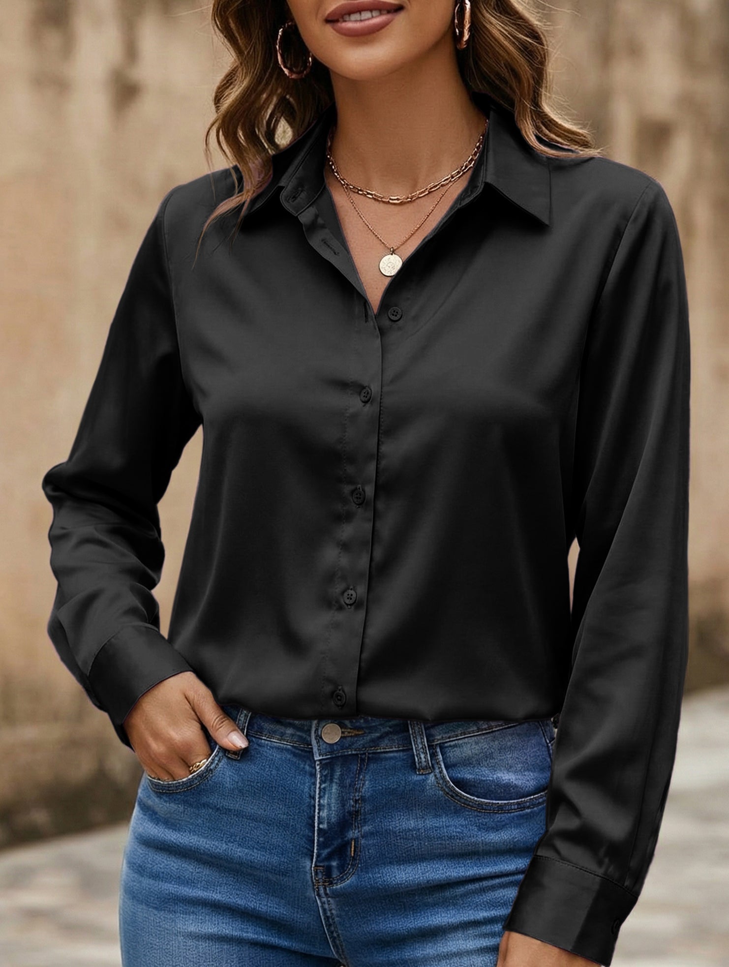 Satin imitation silk shirt for women_CWTBLL02176