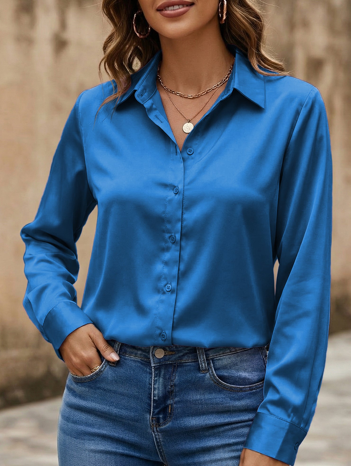 Satin imitation silk shirt for women_CWTBLL02176