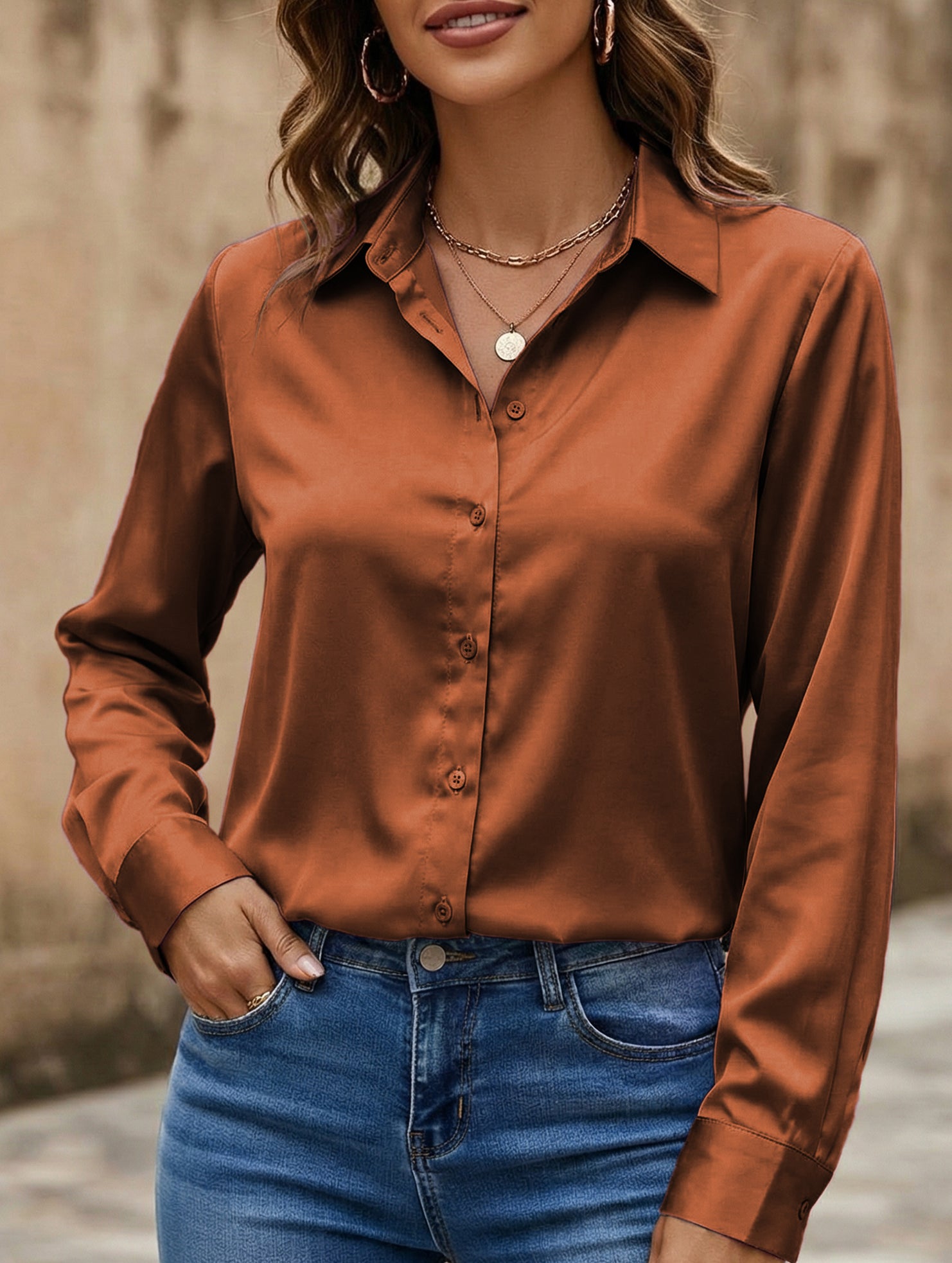 Satin imitation silk shirt for women_CWTBLL02176