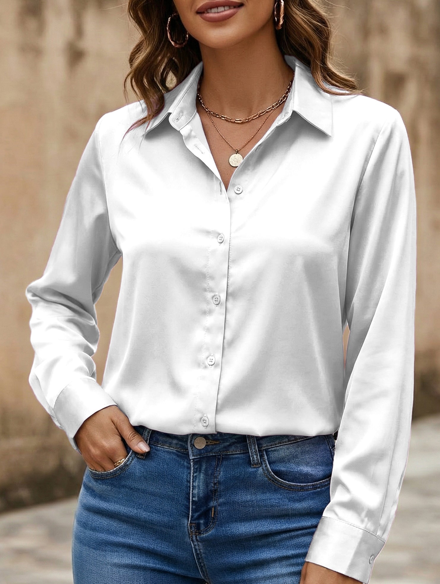 Satin imitation silk shirt for women_CWTBLL02176