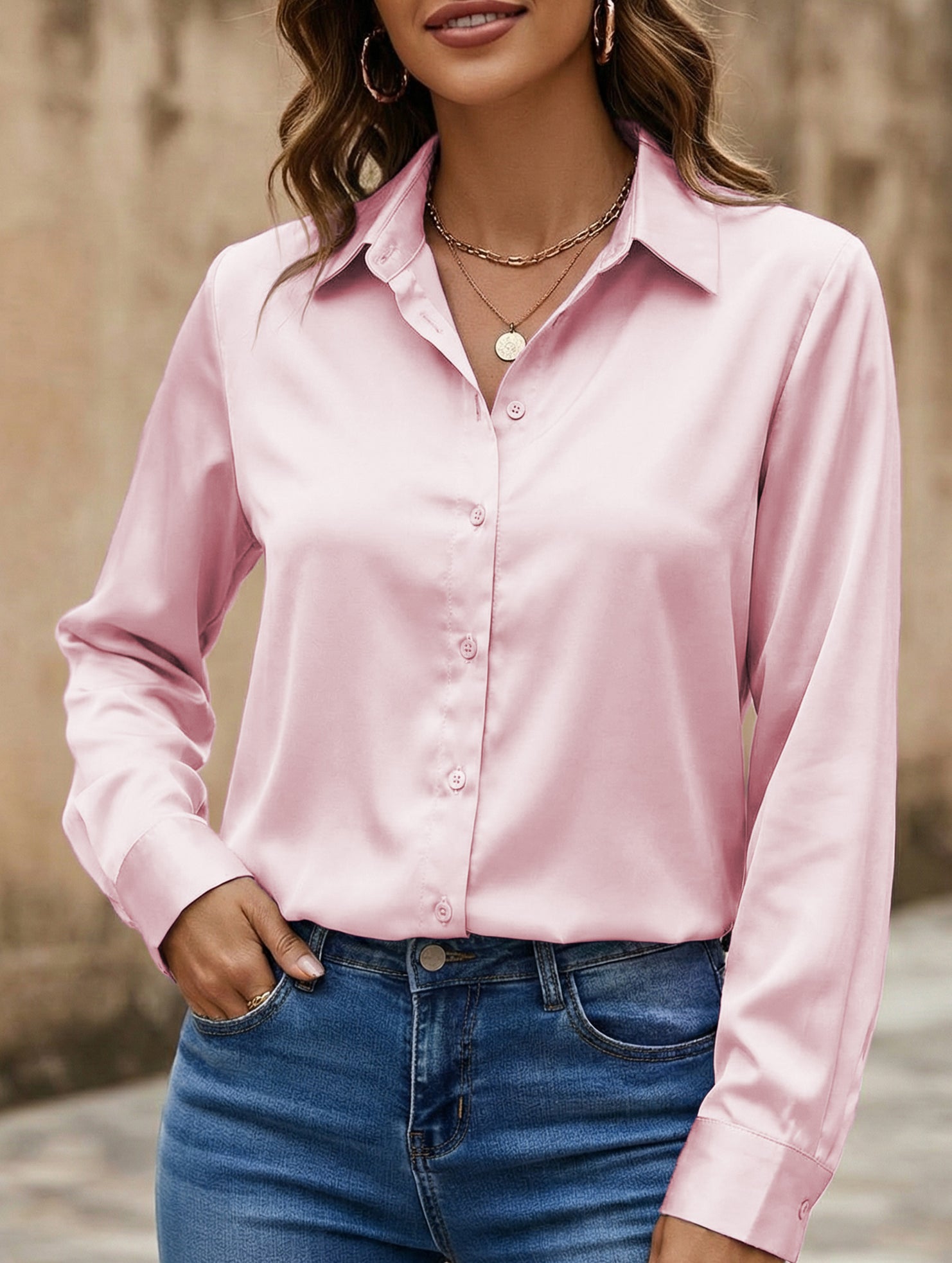 Satin imitation silk shirt for women_CWTBLL02176