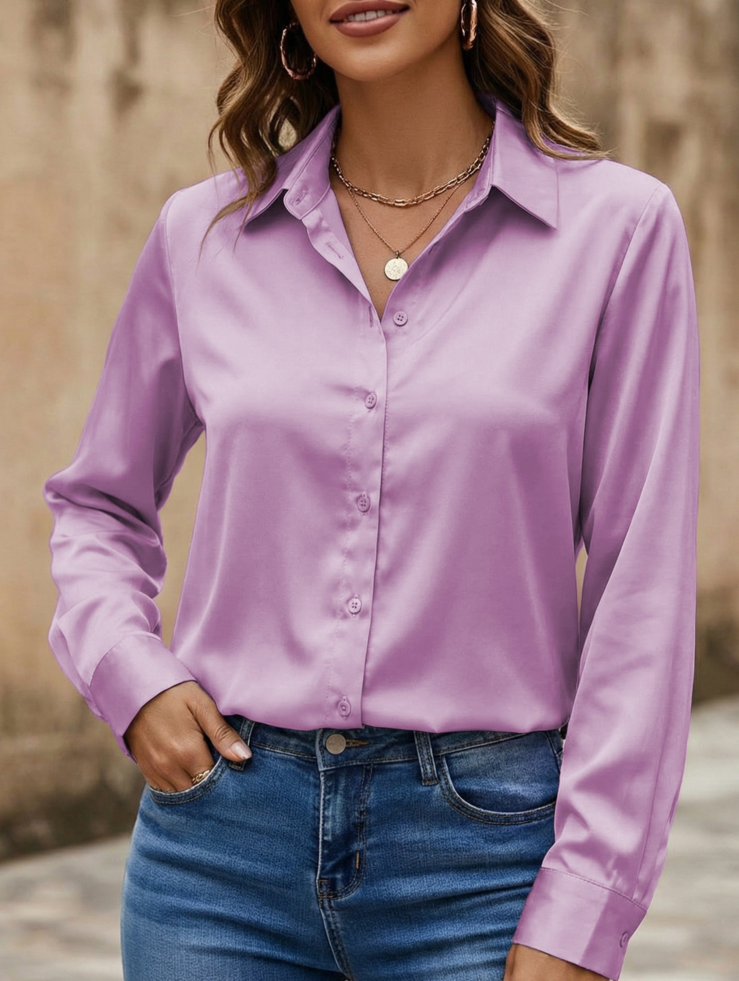 Satin imitation silk shirt for women_CWTBLL02176