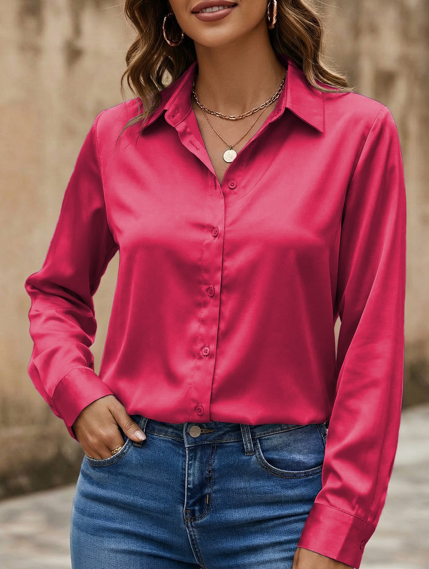 Satin imitation silk shirt for women_CWTBLL02176