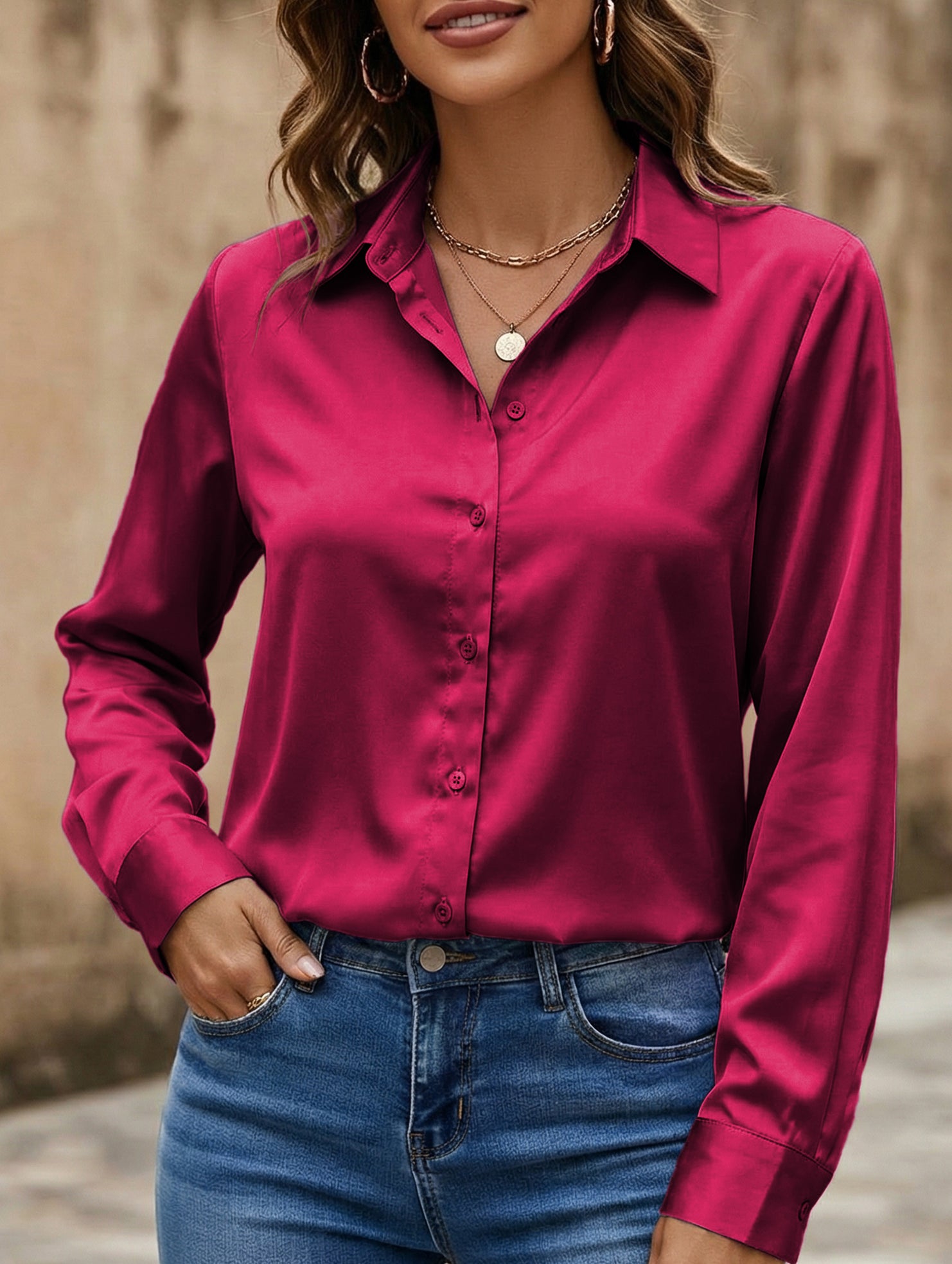 Satin imitation silk shirt for women_CWTBLL02176