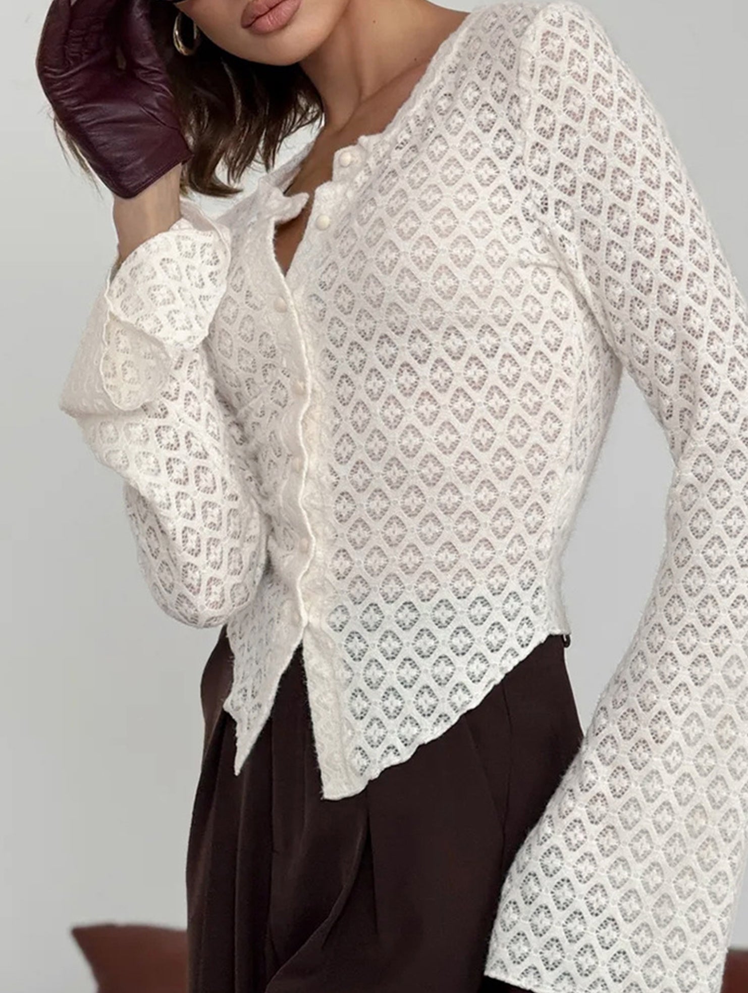 Round Neck Lace Knit Cardigan Flare Sleeve Top_CWTBLL02224