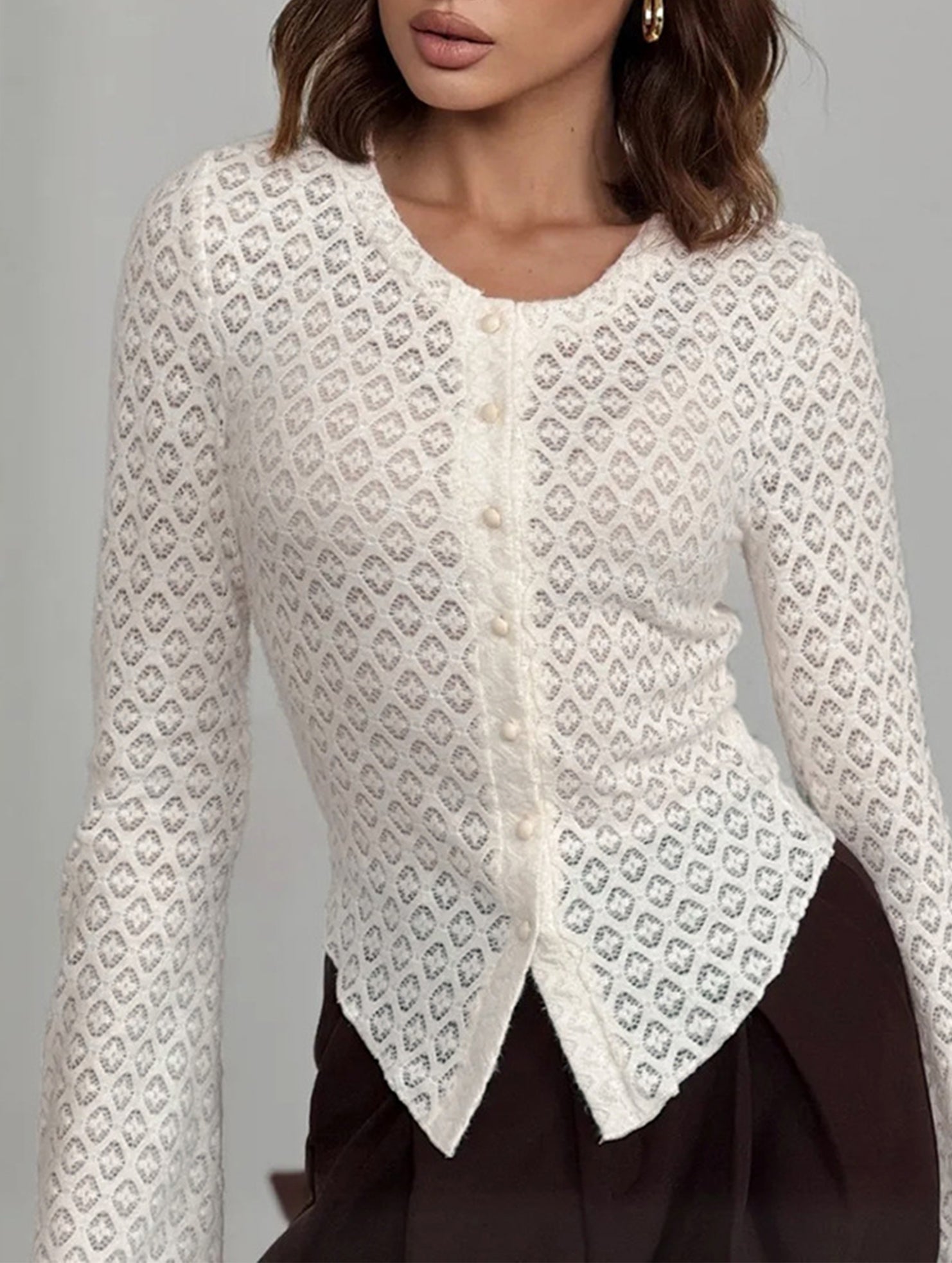 Round Neck Lace Knit Cardigan Flare Sleeve Top_CWTBLL02224