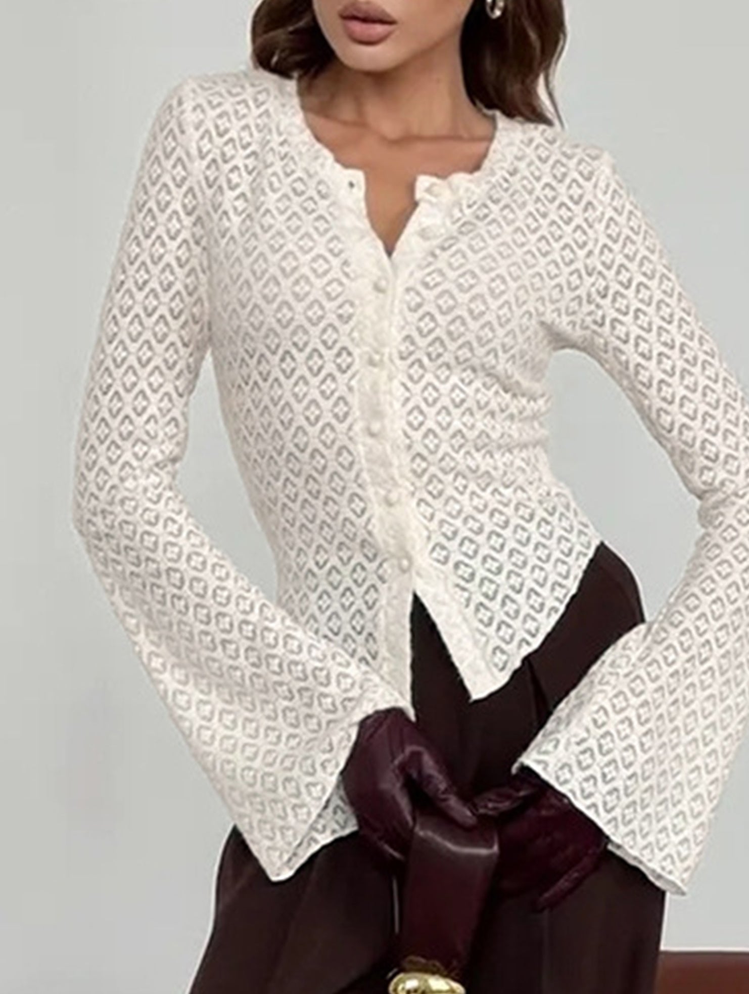 Round Neck Lace Knit Cardigan Flare Sleeve Top_CWTBLL02224