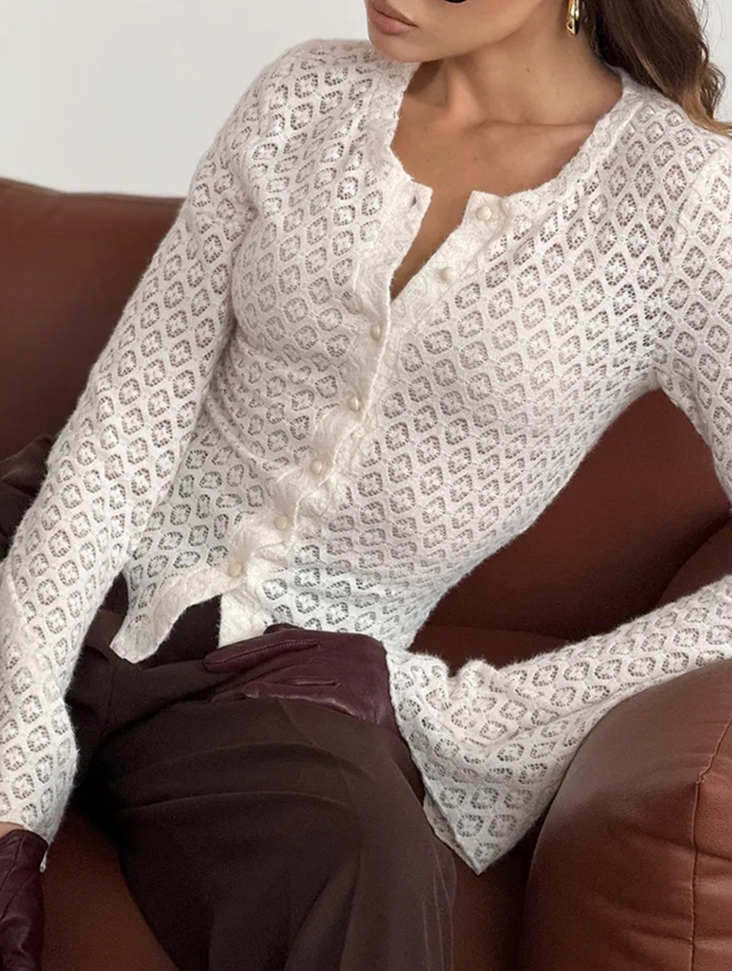 Round Neck Lace Knit Cardigan Flare Sleeve Top_CWTBLL02224