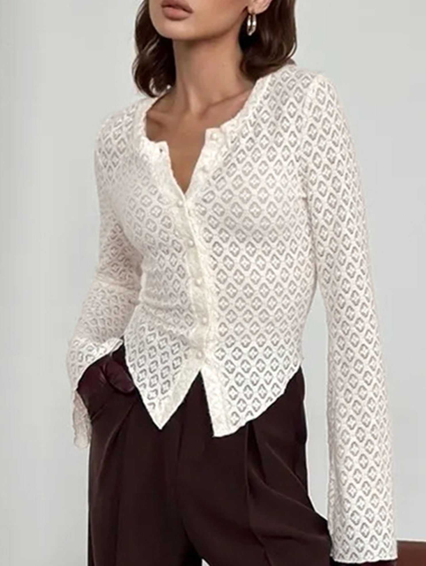 Round Neck Lace Knit Cardigan Flare Sleeve Top_CWTBLL02224