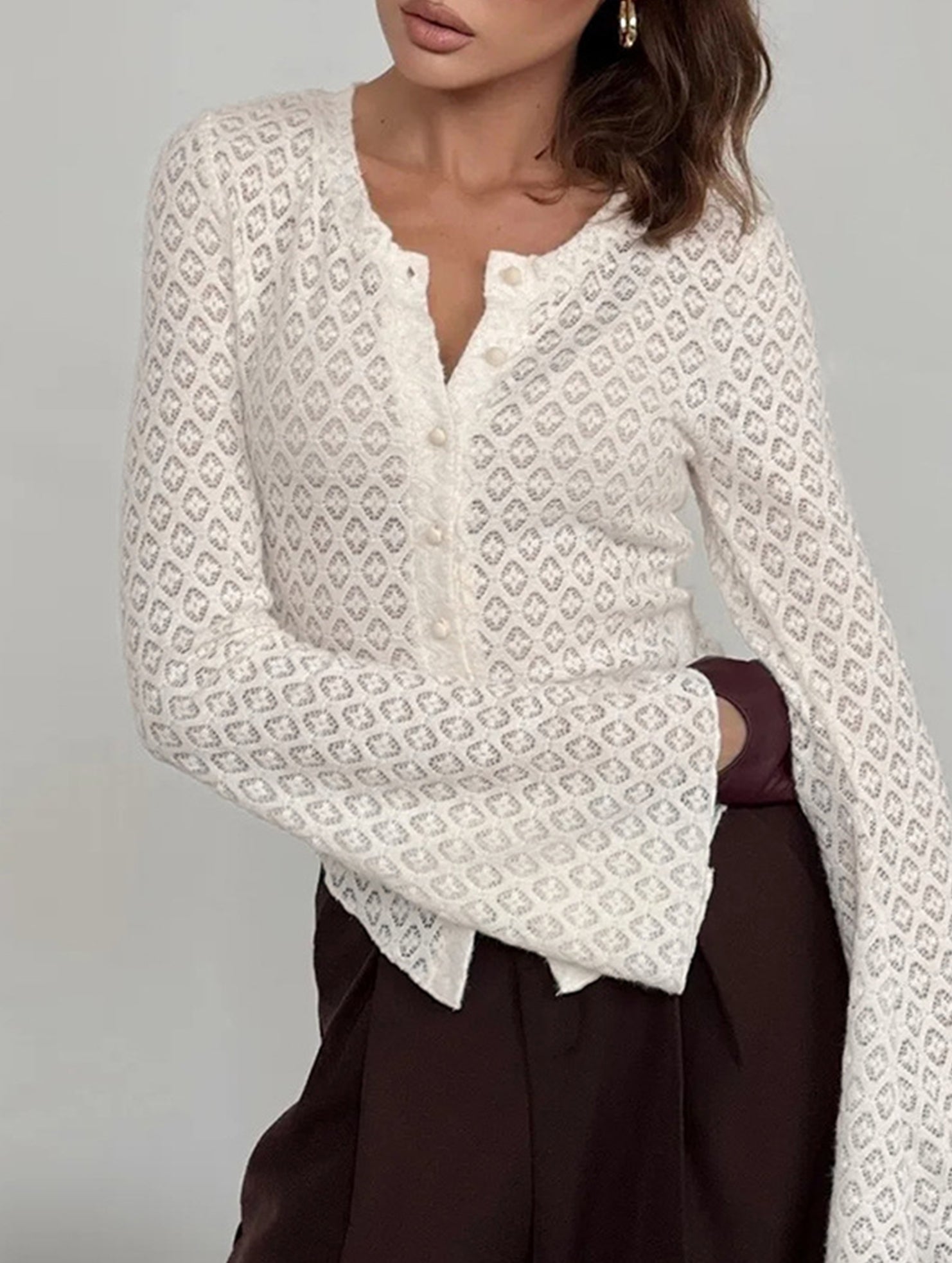 Round Neck Lace Knit Cardigan Flare Sleeve Top_CWTBLL02224