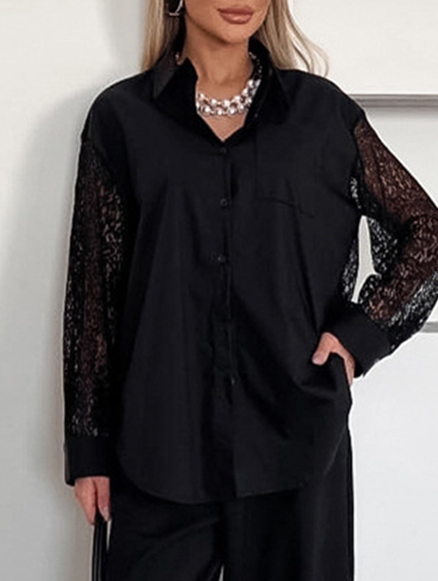 White Lace Patchwork Collared Blouse Shirt_CWTBLL02225