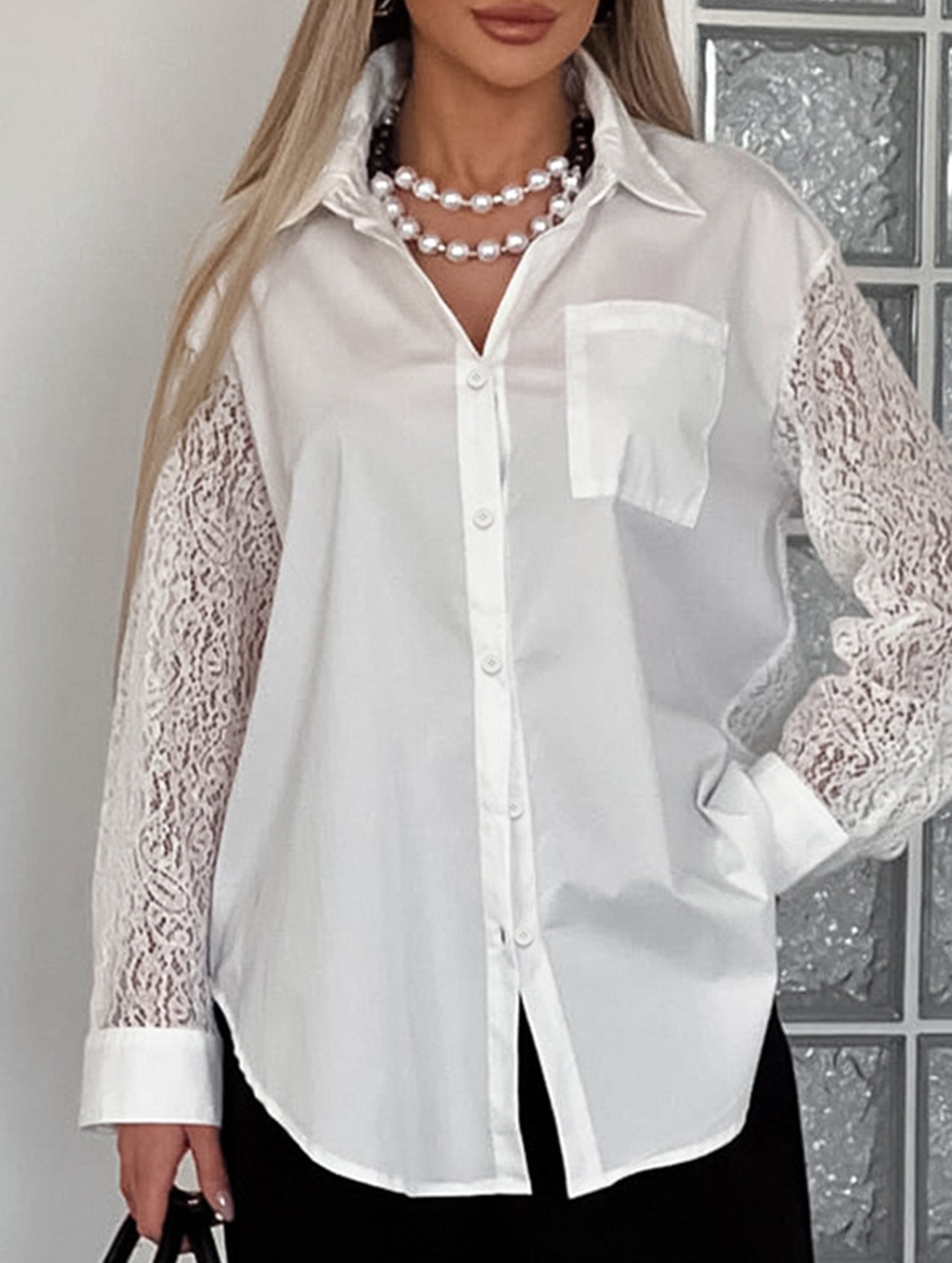 White Lace Patchwork Collared Blouse Shirt_CWTBLL02225