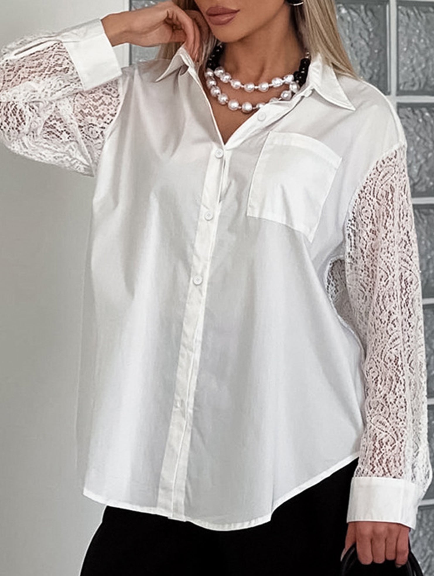 White Lace Patchwork Collared Blouse Shirt_CWTBLL02225