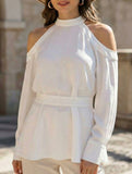 White Halter Chiffon Office Blouse Top_CWTBLL02226