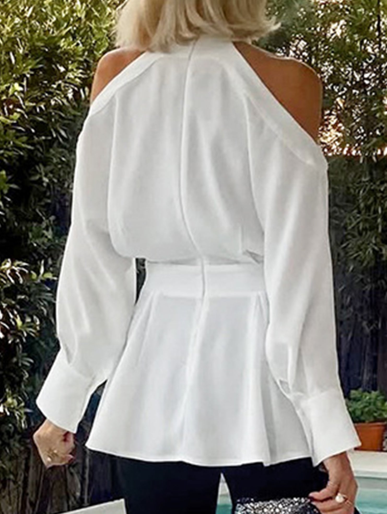 White Halter Chiffon Office Blouse Top_CWTBLL02226