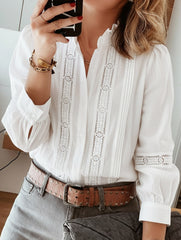 Pleated V Neck Elegant Relaxed Shirt_CWTBLL02227