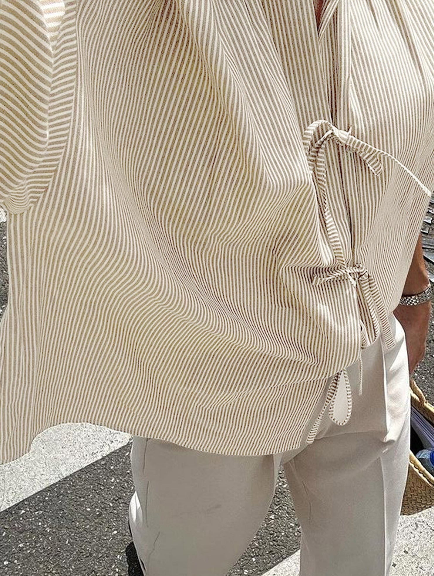 Striped Tie Front V Neck Casual Shirt_CWTBLL02228