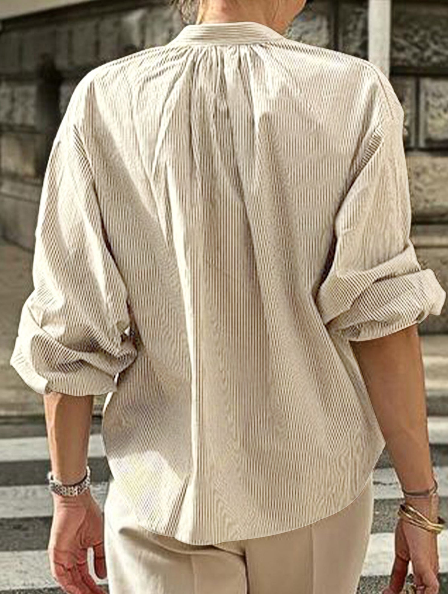Striped Tie Front V Neck Casual Shirt_CWTBLL02228