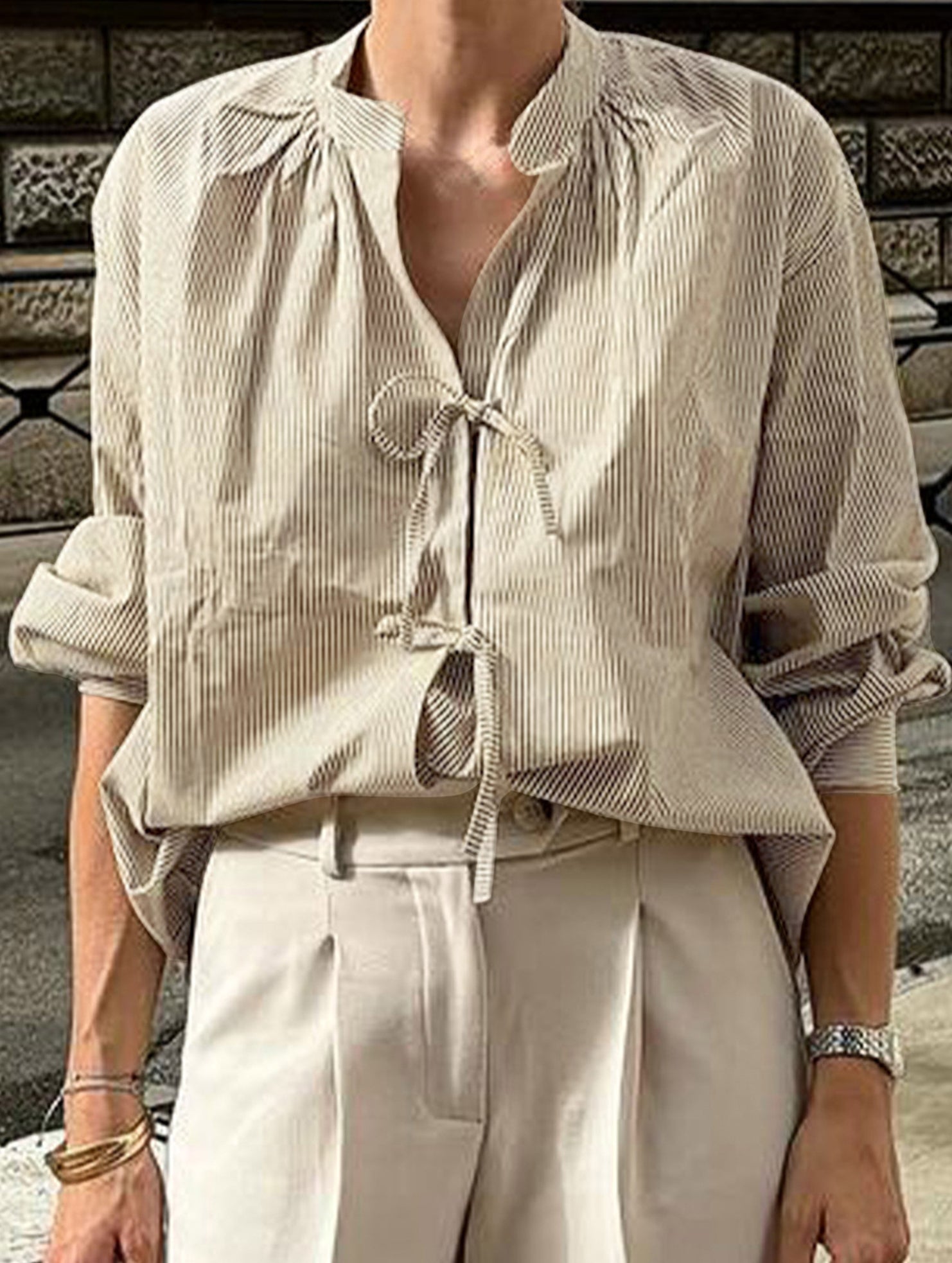 Striped Tie Front V Neck Casual Shirt_CWTBLL02228