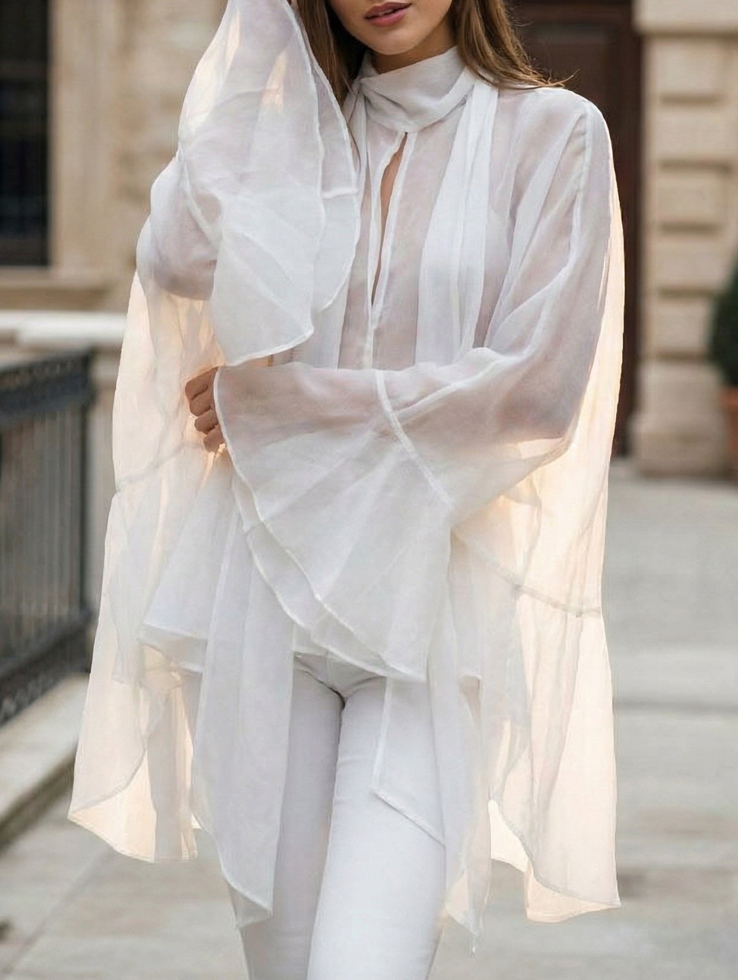 Sexy Tencel Ruffle Sleeve Mid-Length Blouse for Women_CWTBLL02235