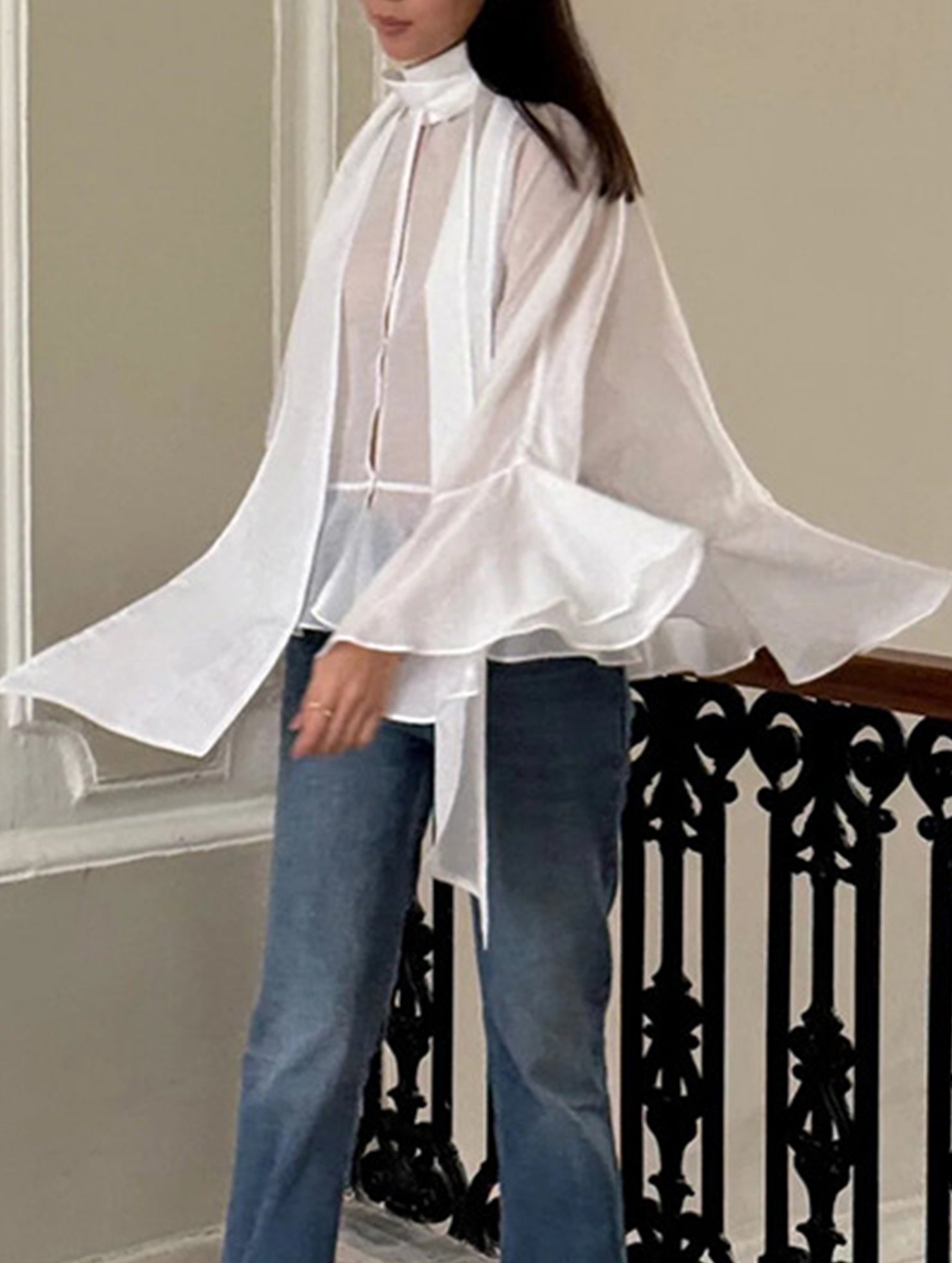 Sexy Tencel Ruffle Sleeve Mid-Length Blouse for Women_CWTBLL02235