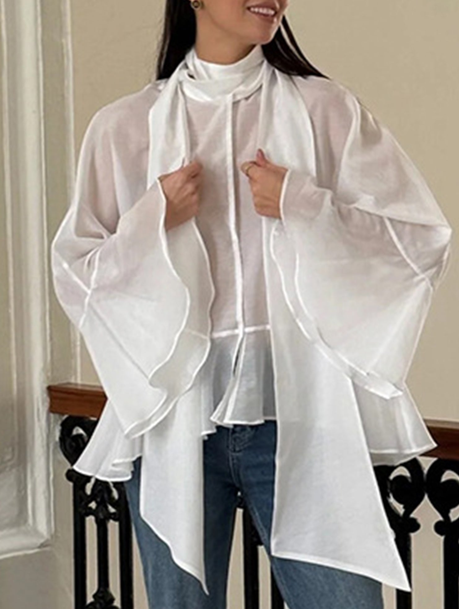 Sexy Tencel Ruffle Sleeve Mid-Length Blouse for Women_CWTBLL02235