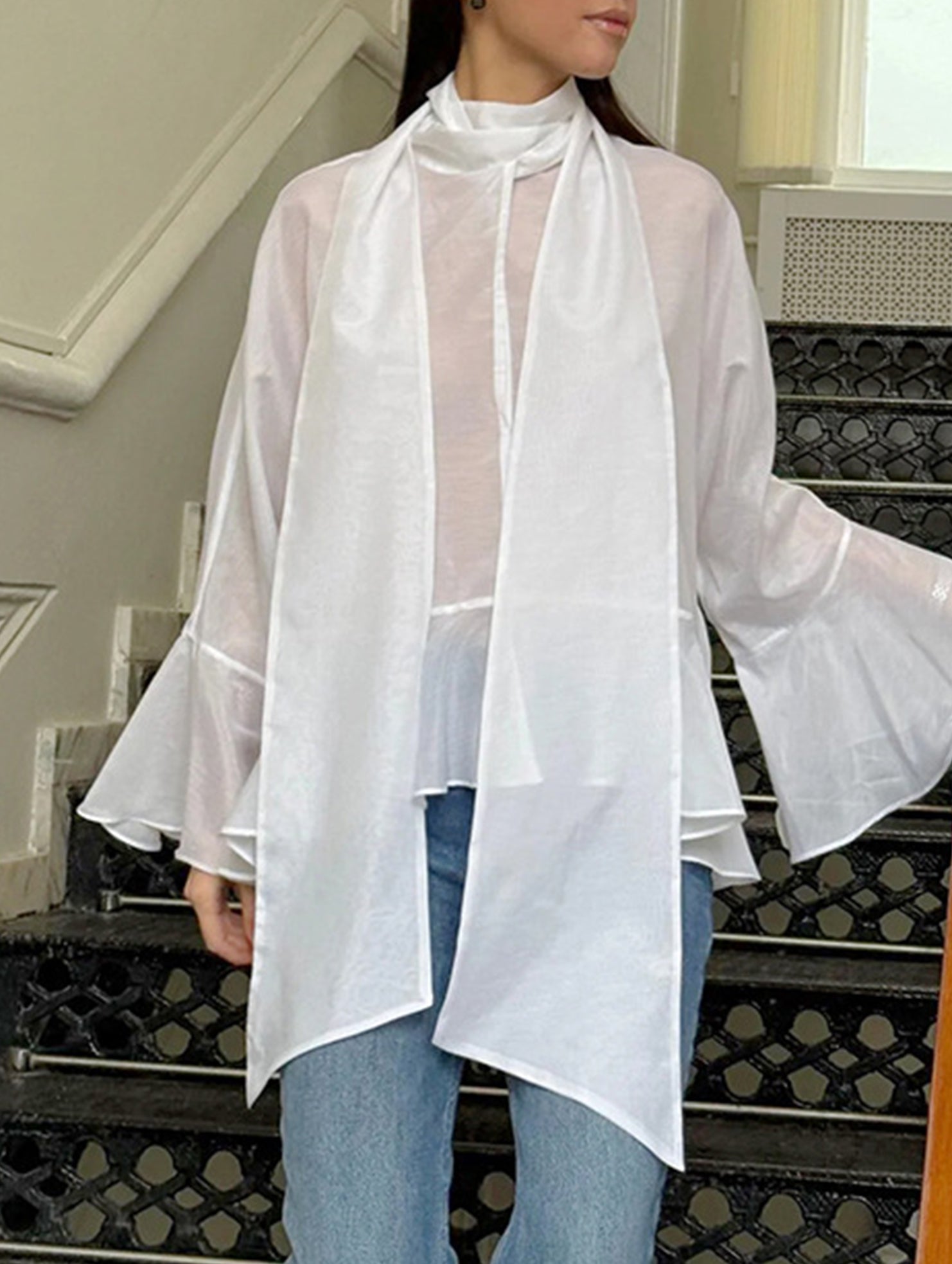 Sexy Tencel Ruffle Sleeve Mid-Length Blouse for Women_CWTBLL02235