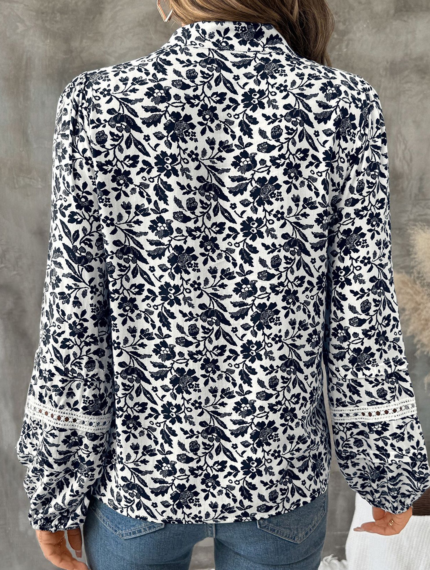 French Floral Tie V Neck Casual Blouse_CWTBLL02238