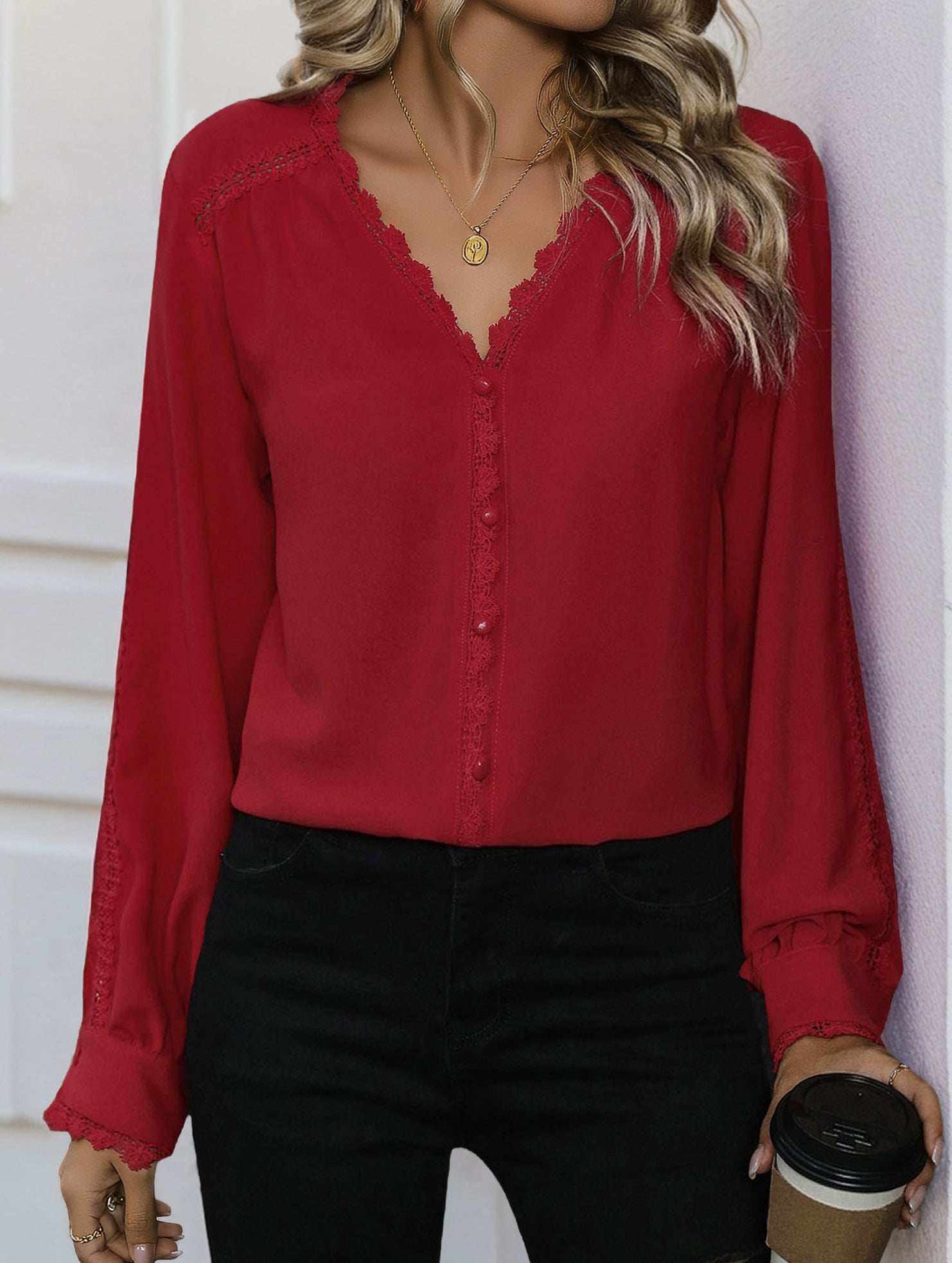 Red Long Sleeve Casual Shirt for Women_CWTBLL02239