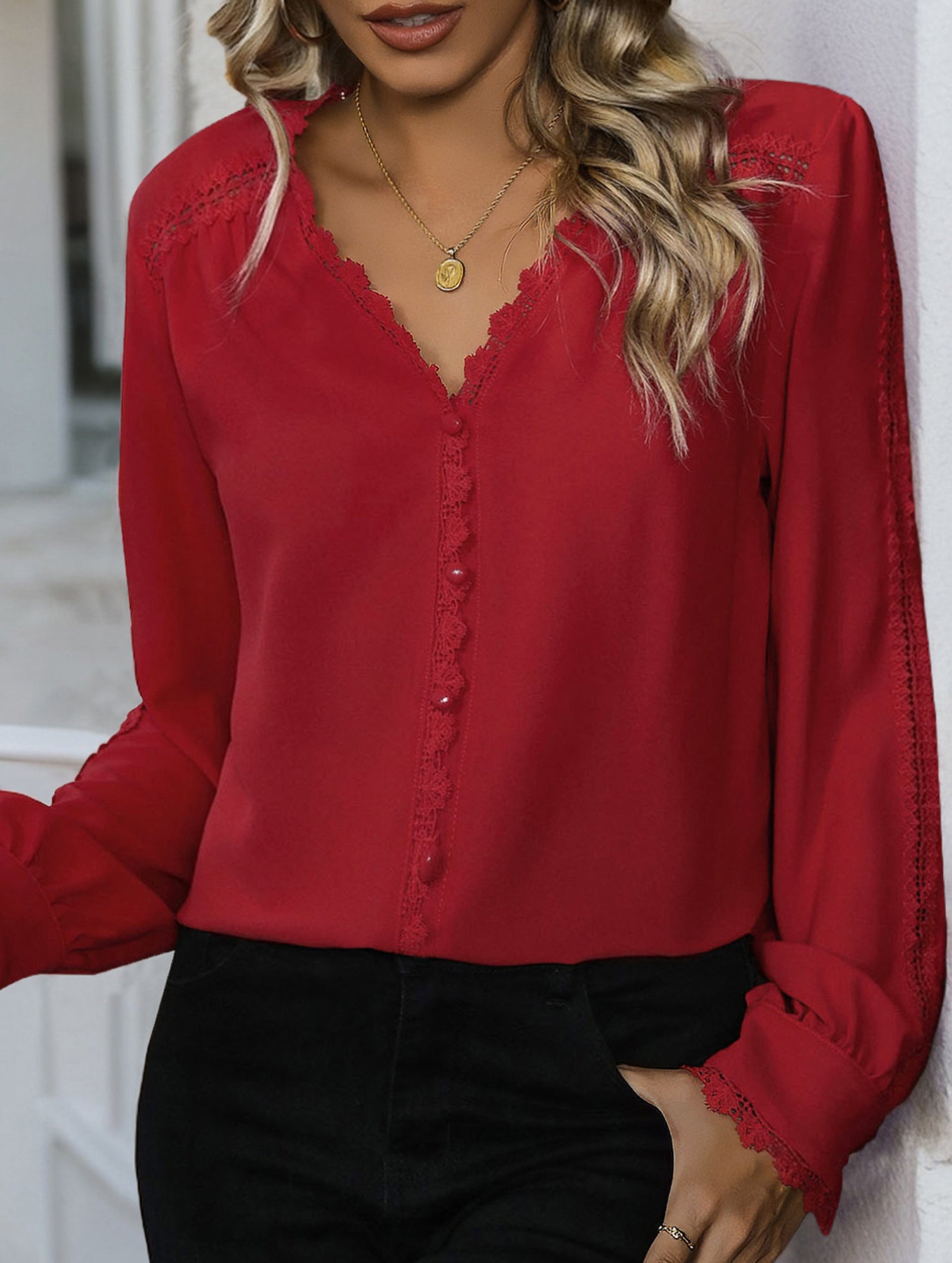 Red Long Sleeve Casual Shirt for Women_CWTBLL02239