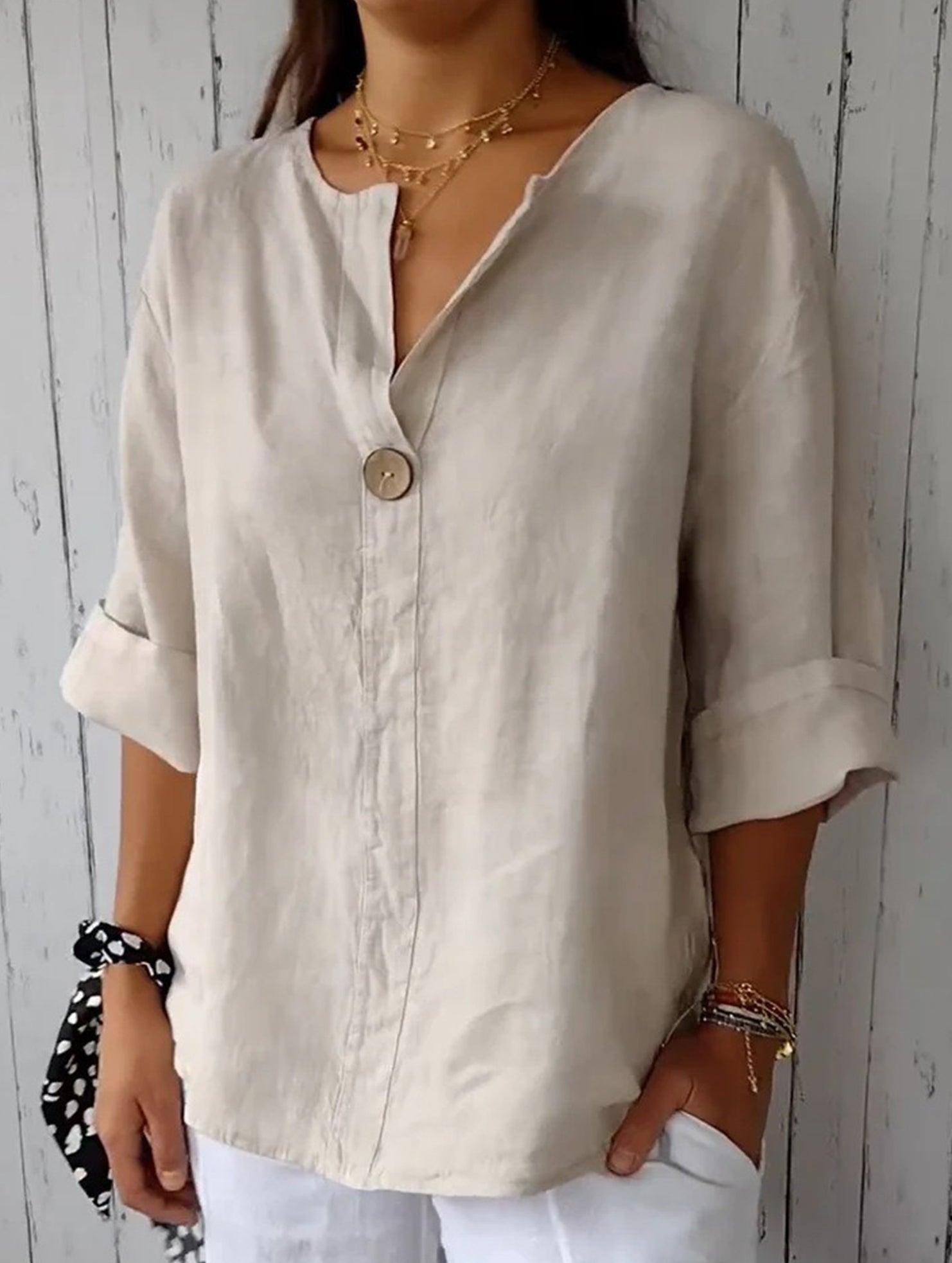 Solid V Neck Chiffon Button Blouse