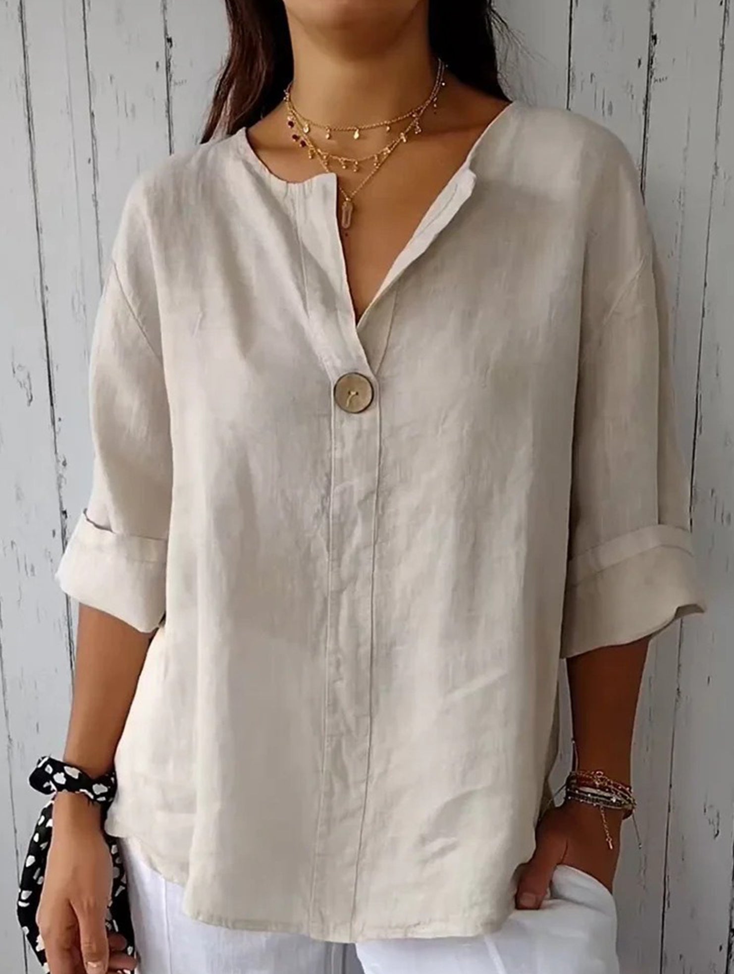 Solid V Neck Chiffon Button Blouse