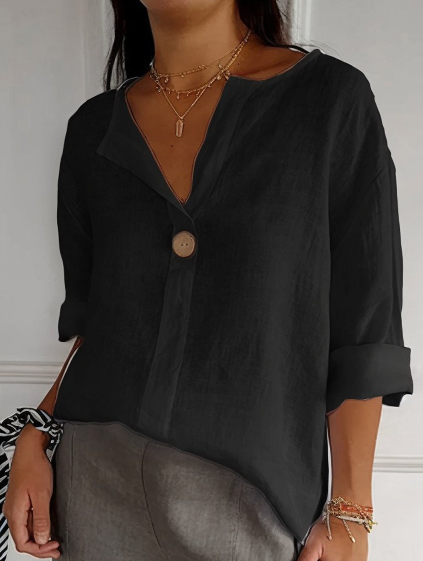 Solid V Neck Chiffon Button Blouse