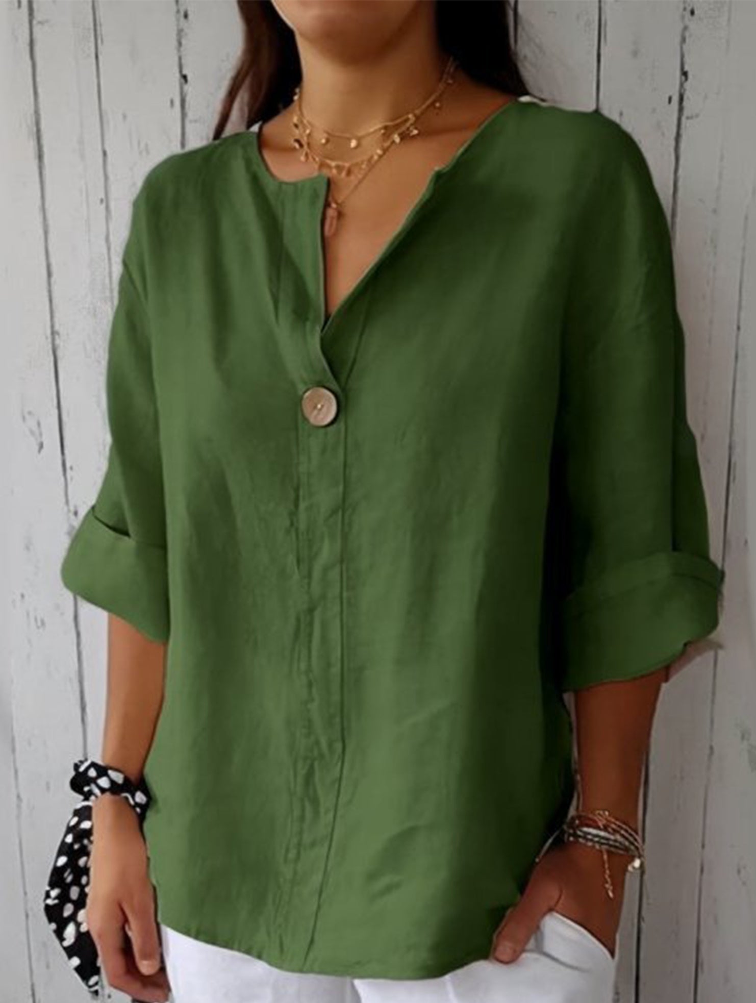 Solid V Neck Chiffon Button Blouse