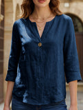 Solid V Neck Chiffon Button Blouse