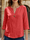 Solid V Neck Chiffon Button Blouse