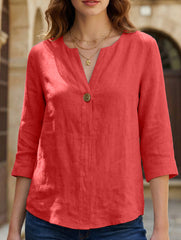 Solid V Neck Chiffon Button Blouse