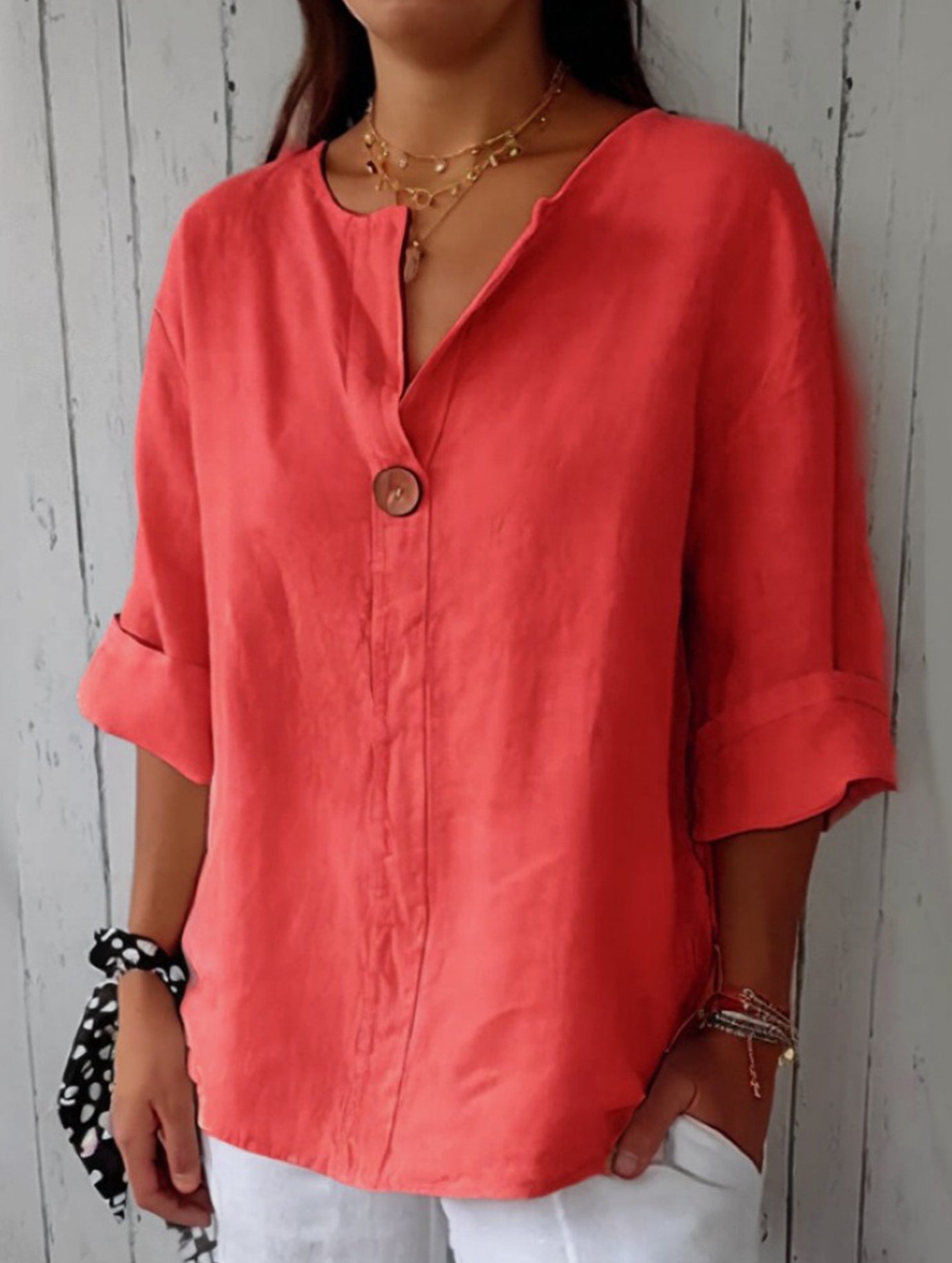 Solid V Neck Chiffon Button Blouse