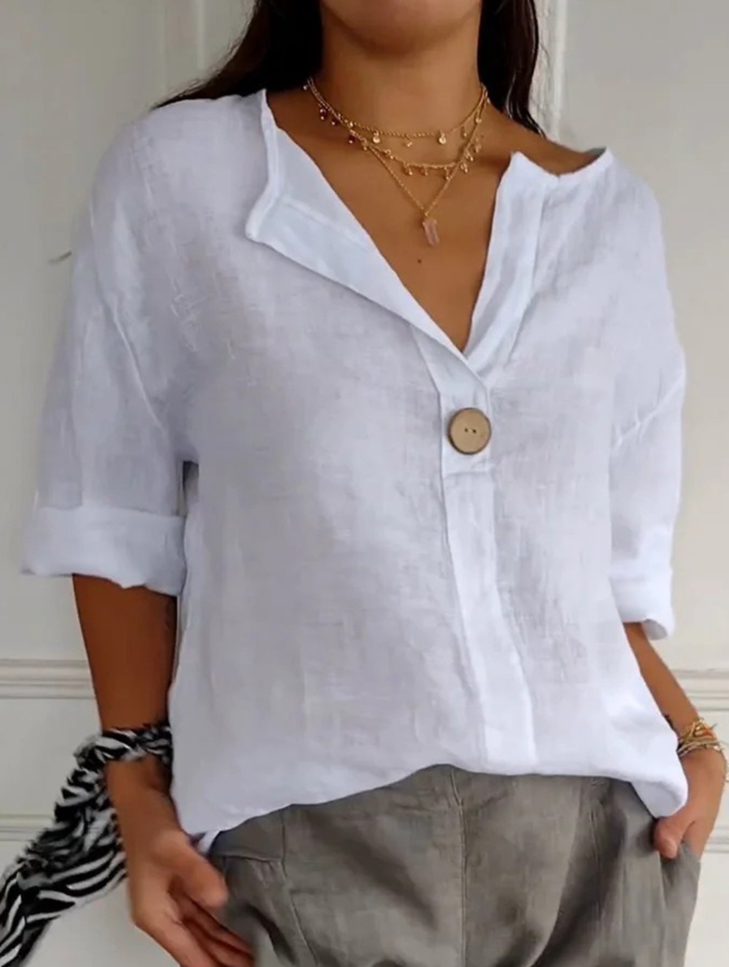Solid V Neck Chiffon Button Blouse