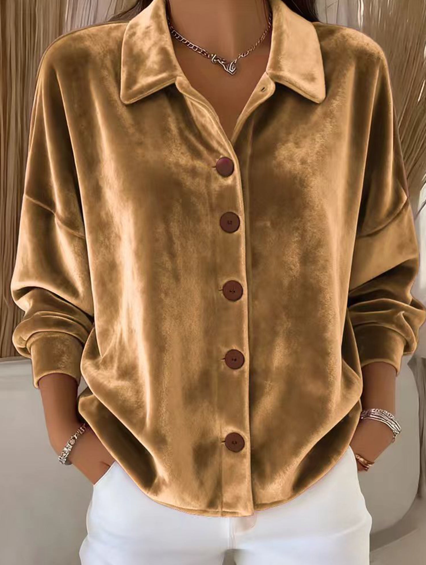 Velvet Long Sleeve Button Shirt Top_CWTBLL02275