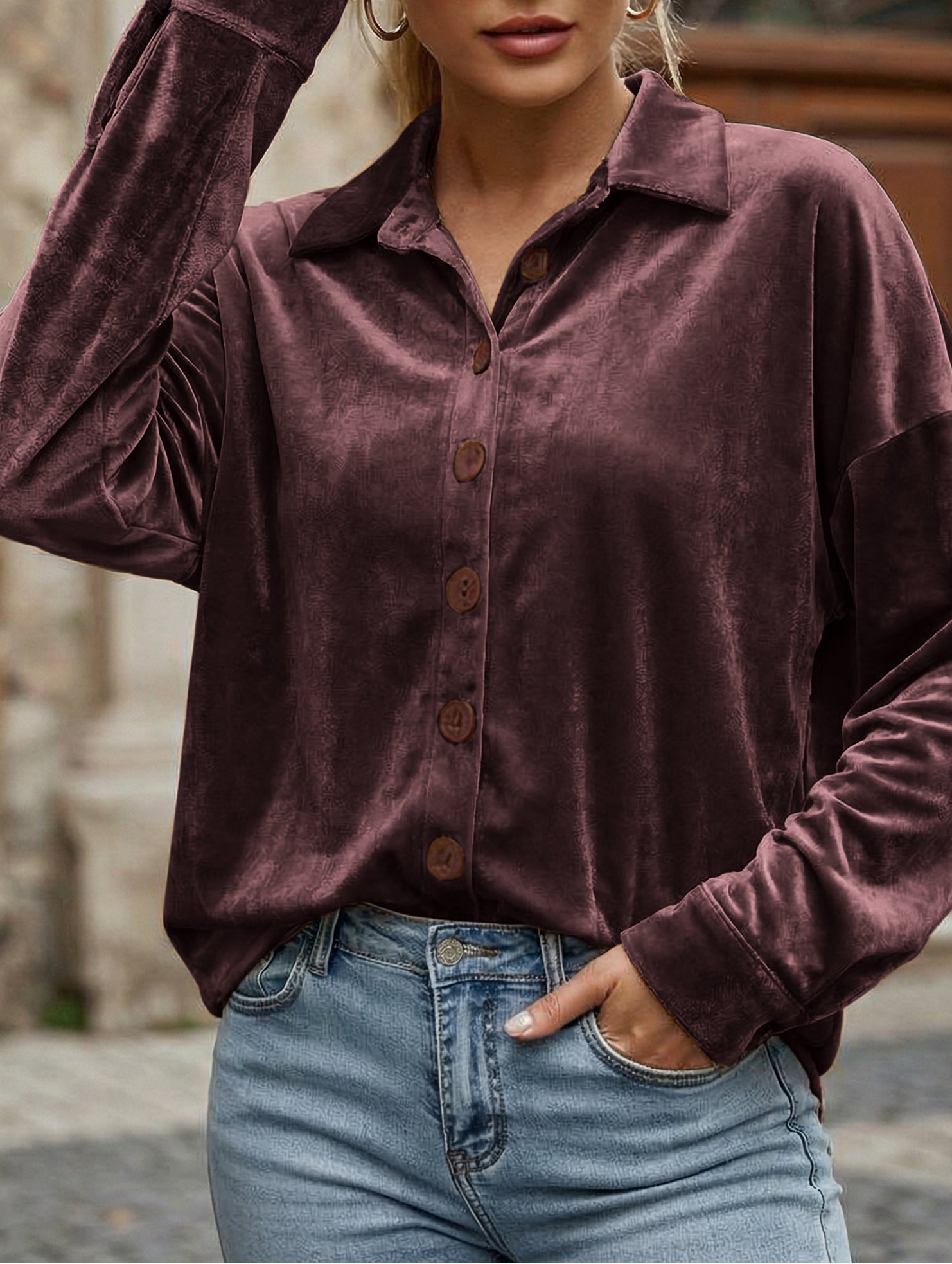 Velvet Long Sleeve Button Shirt Top_CWTBLL02275
