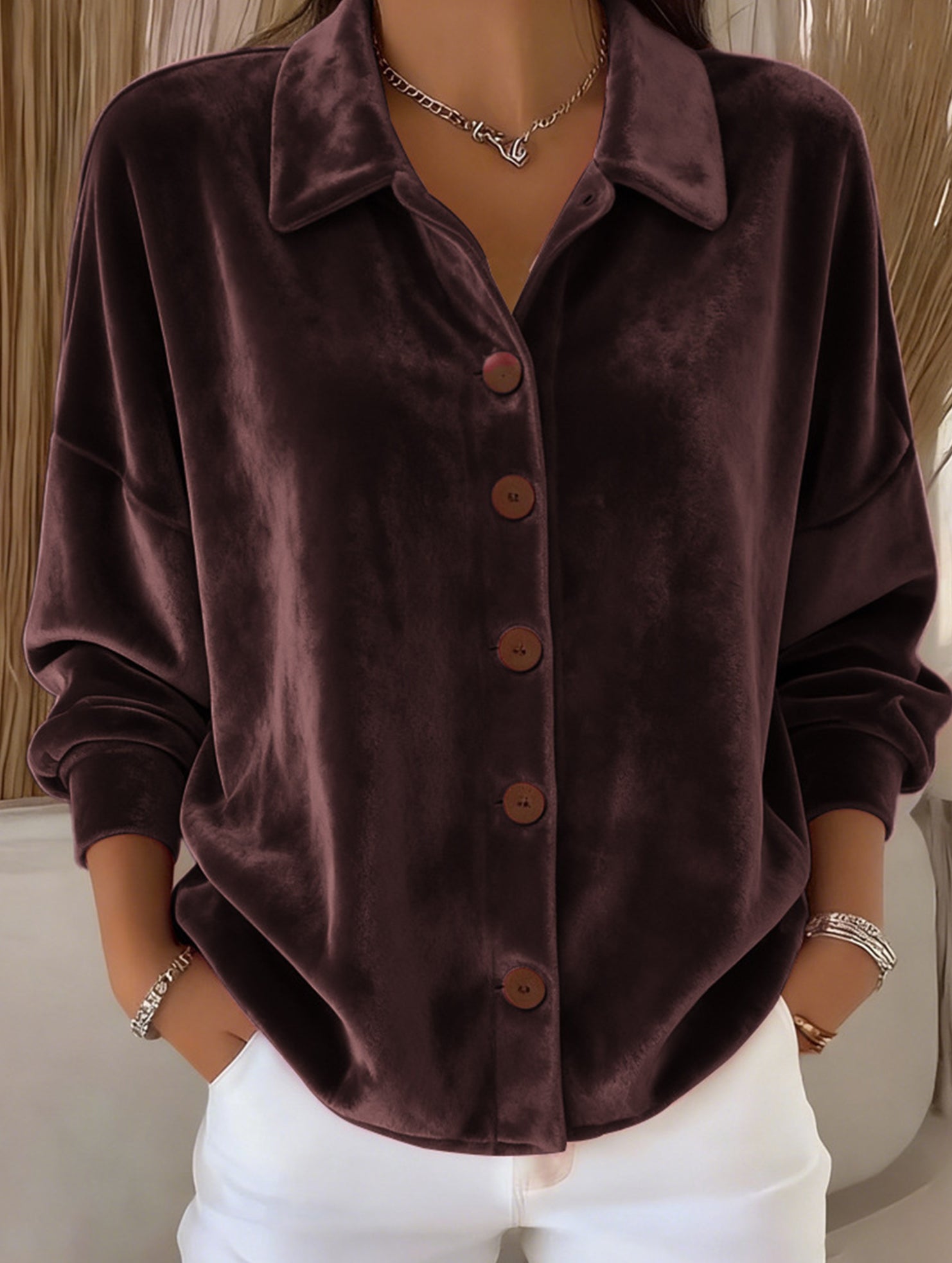 Velvet Long Sleeve Button Shirt Top_CWTBLL02275