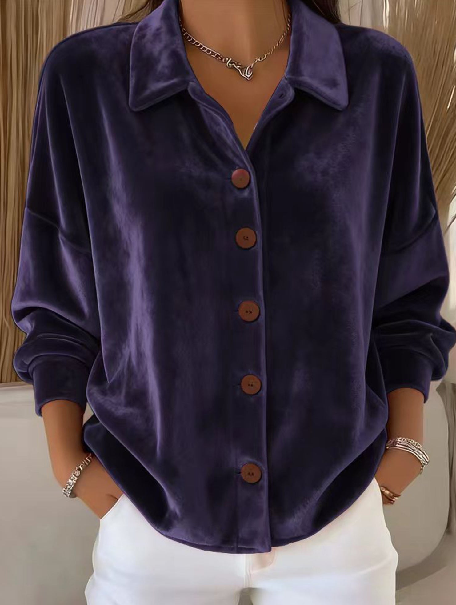 Velvet Long Sleeve Button Shirt Top_CWTBLL02275