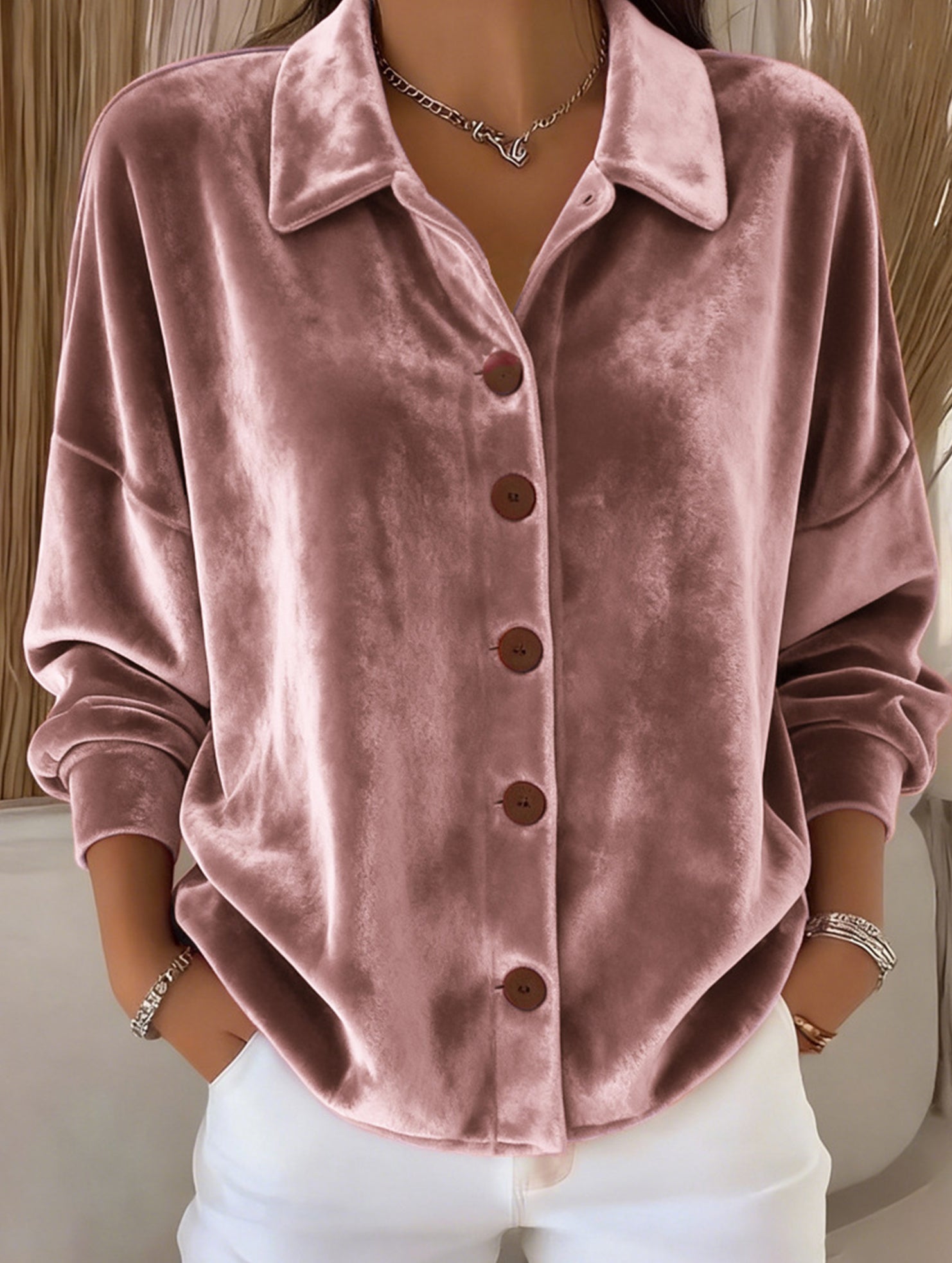 Velvet Long Sleeve Button Shirt Top_CWTBLL02275
