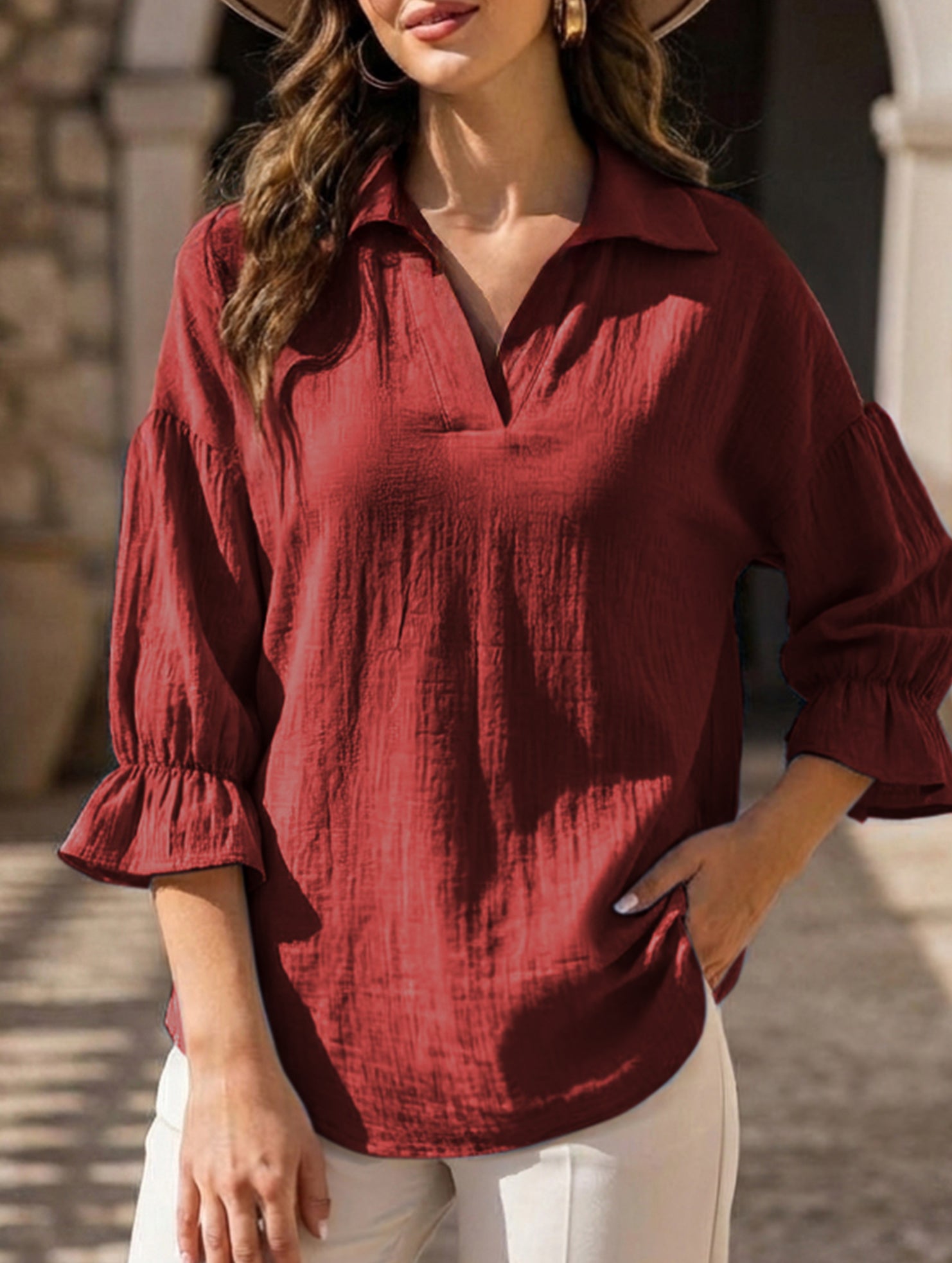 Vintage Solid Lantern Sleeve Cotton Shirt
