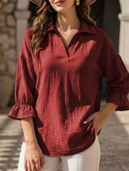Vintage Solid Lantern Sleeve Cotton Shirt