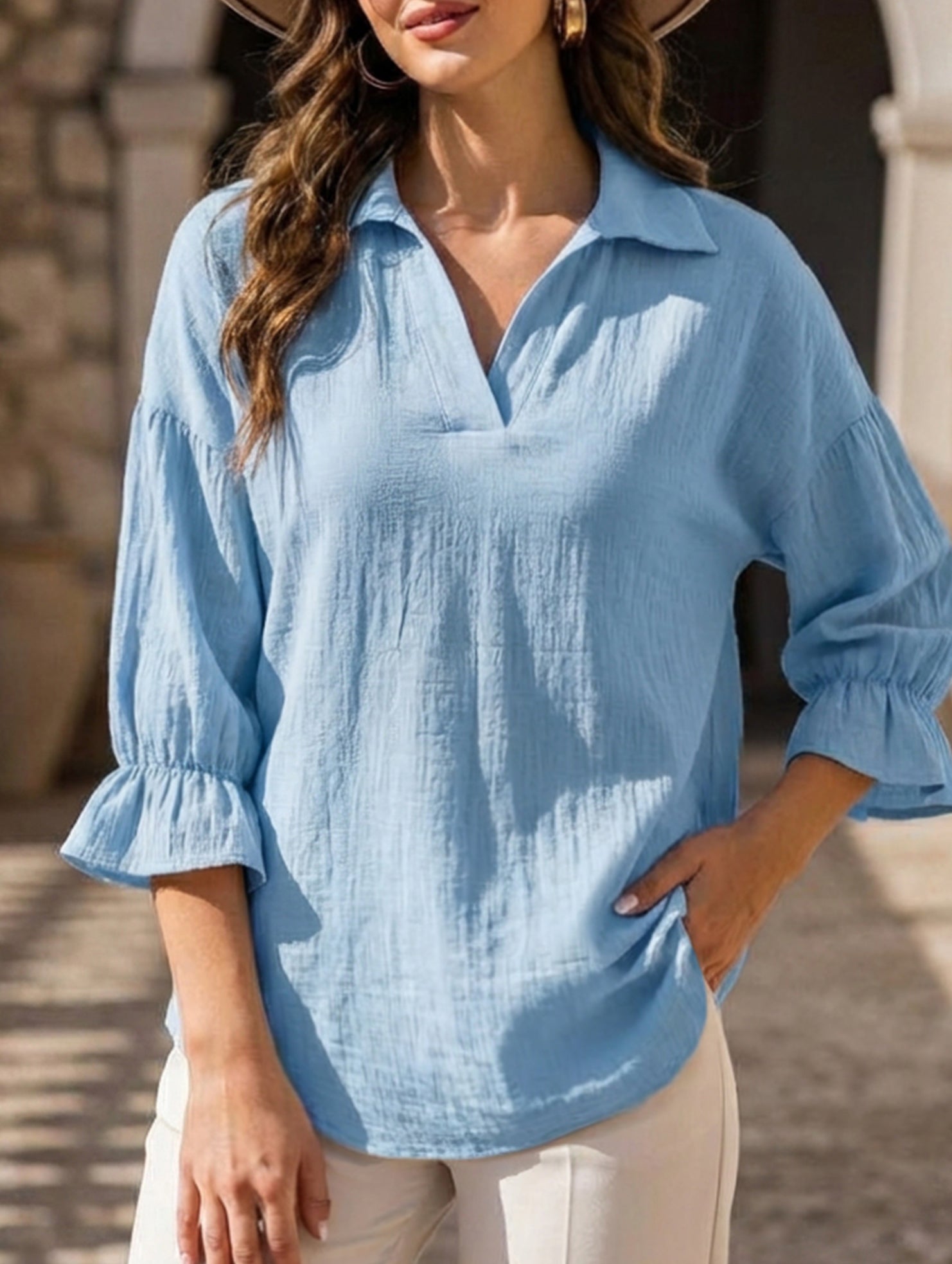 Vintage Solid Lantern Sleeve Cotton Shirt