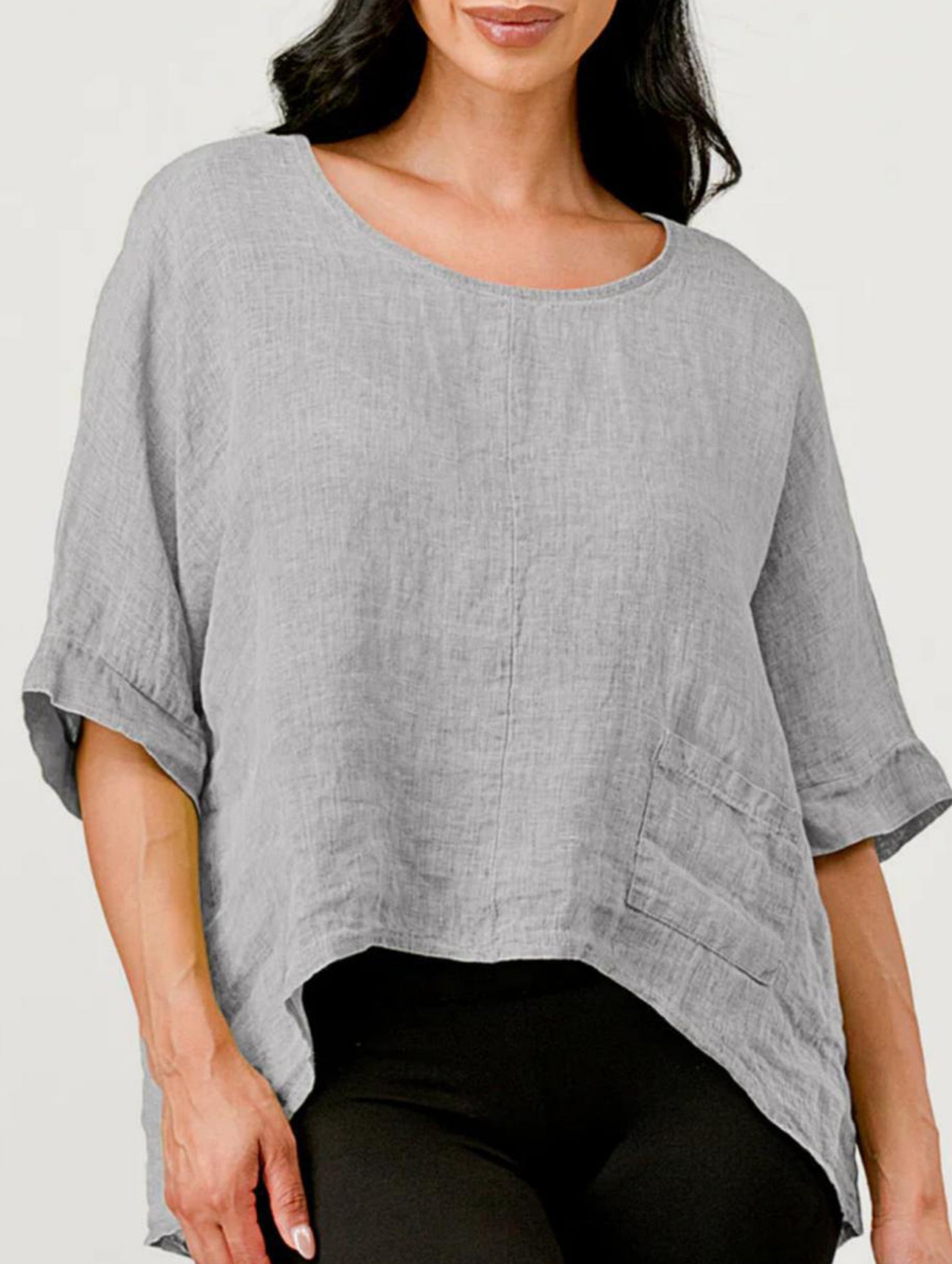 Round Neck Cotton Linen Short Sleeve Shirt_CWTBLL02279