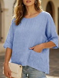 Round Neck Cotton Linen Short Sleeve Shirt_CWTBLL02279